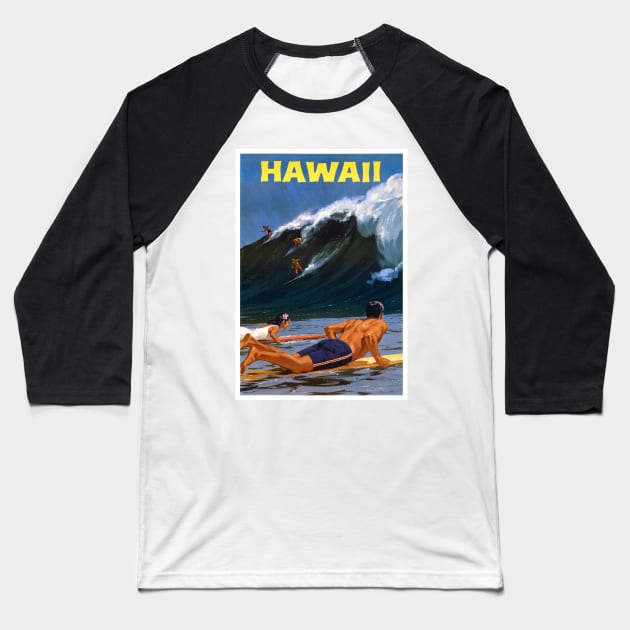 Vintage Travel Poster Hawaii Surfer Baseball T-Shirt by vintagetreasure